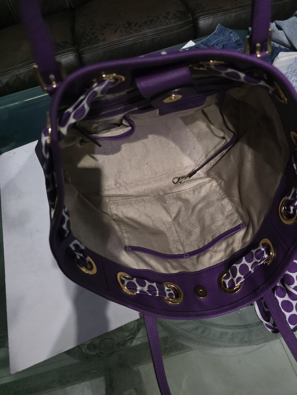 New Michael Kors Large Purple Leather Tote with Polka-Dot Scarf Accent - Picture 5 of 6
